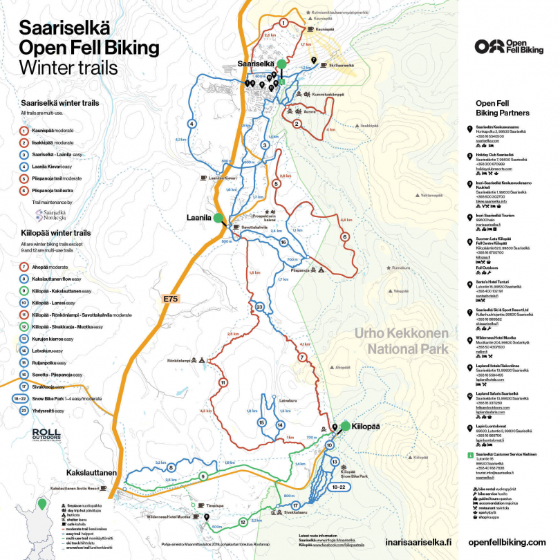 Kartasta löytyy talven 2020-2021 talvipyöräilyreitit Saariselällä