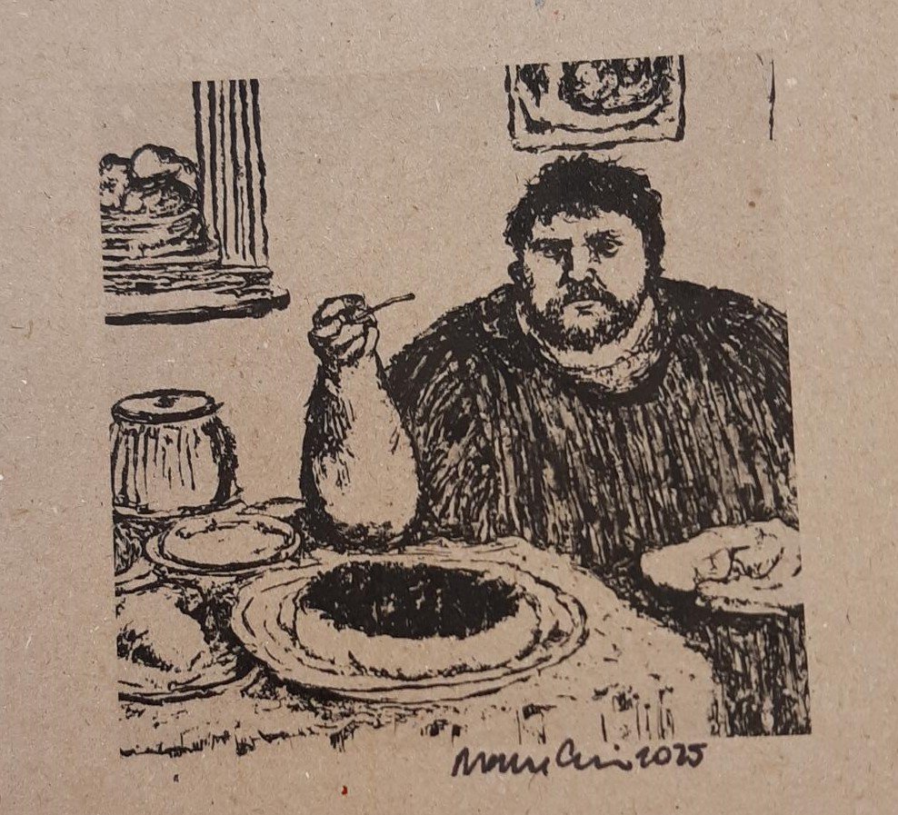 Piirroksessa rehevä mieshenkilö istuu ruokapöydän ääressä. Hän pitää kädessään piippua.