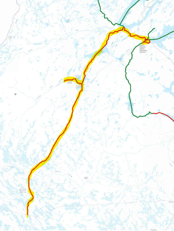 Kuvassa kartta moottorikelkkareittistä Inarin kk-Lemmenjoki-Pokka