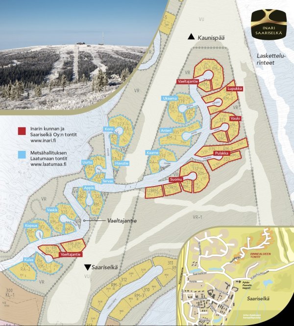 Kuvassa on Saariselän rinnealueen tonttikartta. Tonttikartassa on näkyvillä kaikki 72 Rinnealueen tonttia. www.saariselkaoy.fi