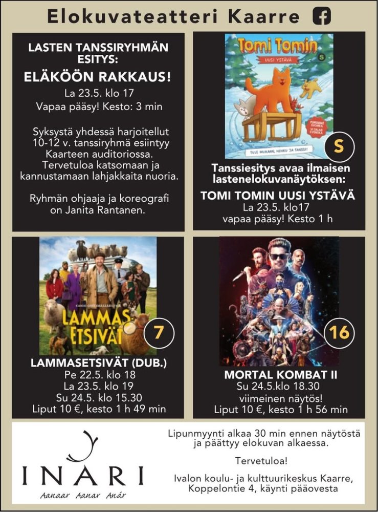 Ivalon Elokuvateatteri Kaarre esittää! LASTENKULTTUURIN JUHLAVIIKOLLA 18.-24.5.2026 LASTEN TANSSIRYHMÄN ESITYS: ... ELÄK...