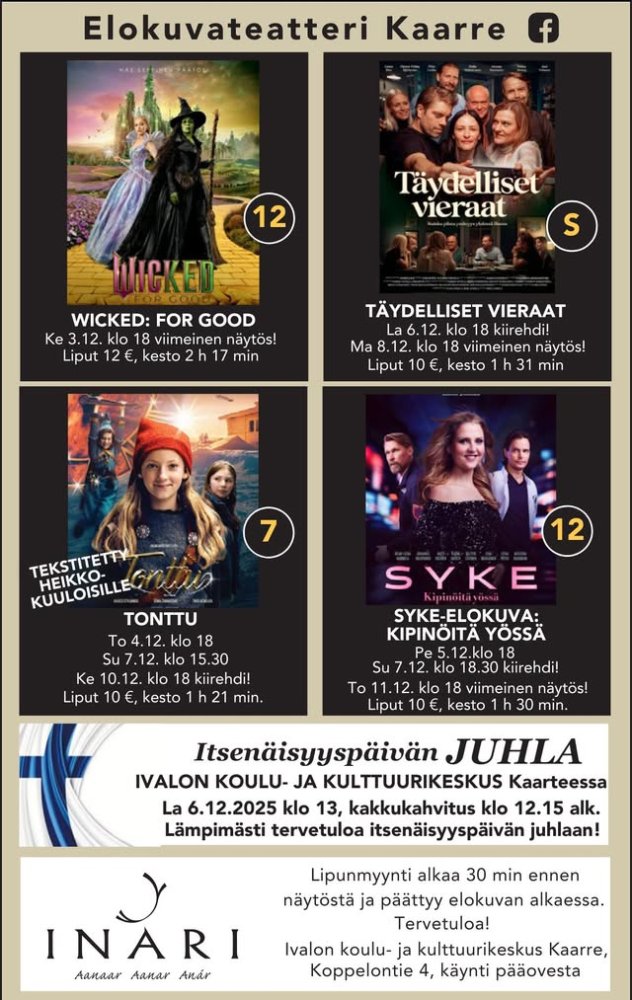 Ivalon Elokuvateatteri Kaarre esittää: WICKED: FOR GOOD Ke 3.12. klo 18 viimeinen näytös! Ikäraja K12, liput 12 €, kest...
