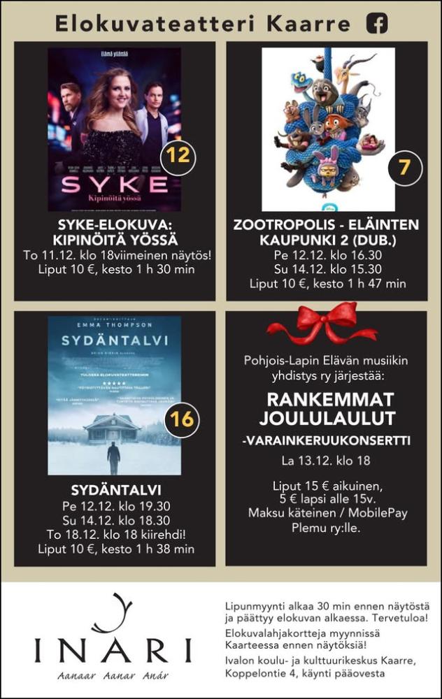 Ivalon elokuvateatteri Kaarre esittää: SYKE-ELOKUVA: KIPINÖITÄ YÖSSÄ To 11.12. klo 18 viimeinen näytös! Ikäraja K12, lip...
