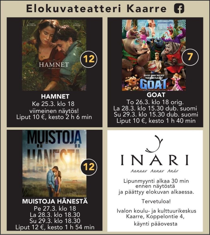 Ivalon Elokuvateatteri Kaarre esittää! HAMNET Ke 25.3. klo 18 viimeinen näytös! Ikäraja K12, liput 10 €, kesto 2 h 6 min...