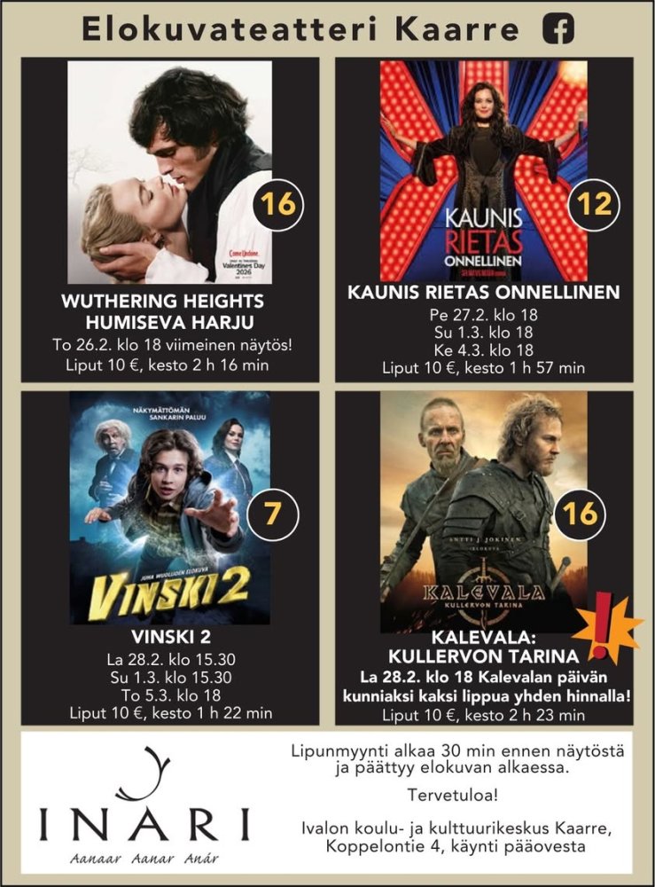 Ivalon Elokuvateatteri Kaarre esittää! WUTHERING HEIGHTS / HUMISEVA HARJU To 26.2. klo 18 viimeinen näytös! Ikäraja K16,...