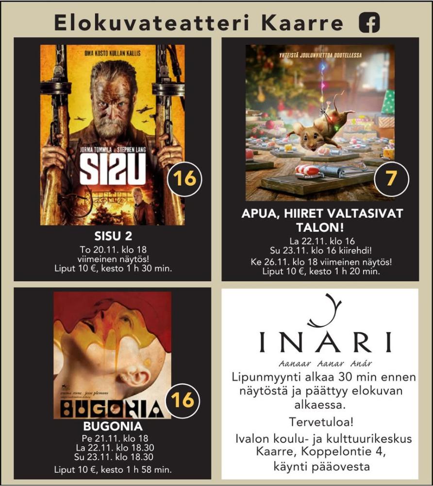 Ivalon elokuvateatteri Kaarre esittää: SISU 2 To 20.11. klo 18 viimeinen näytös! Ikäraja K16, liput 10 €, kesto 1 h 30 m...