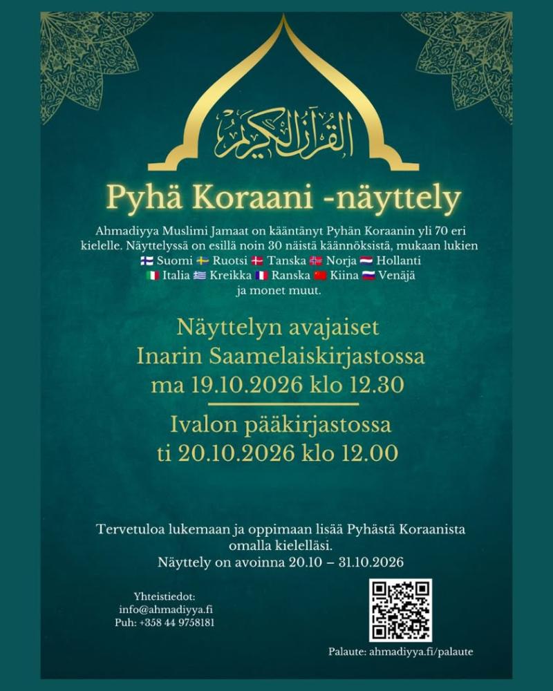 Ahmaddiya Muslim Jamaat Finland -yhteisö järjestää Inarin ja Ivalon kirjastoissa monikielistä Koraania esittelevän kirja...