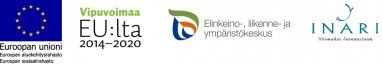 Kuvassa on Smoothly into Arctic Life -hankkeen rahoittajien logot: EU:n aluekehitysrahaston Euroopan sosiaalirahaston logo, Vipuvoimaa EU:lta 2014- 2020 -logo, ELY-keskuksen logo sekä Inarin kunnan logo.