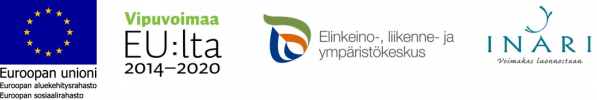 Rahoittajien logot Kuvassa on Smoothly into Arctic Life -hankkeen rahoittajien logot: EU:n aluekehitysrahaston Euroopan sosiaalirahaston logo, Vipuvoimaa EU:lta 2014- 2020 -logo, ELY-keskuksen logo sekä Inarin kunnan logo.